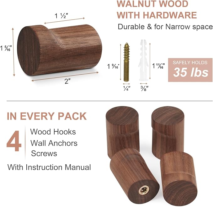Wood Wall Hooks for Hanging, 4 Pack Rustic Coat Hooks Wall Mount, Handmade - Image 7
