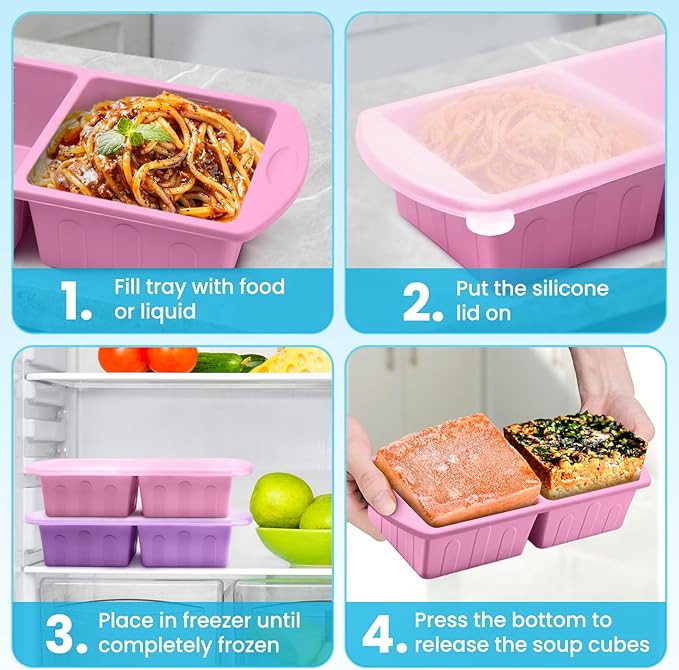 2 Pack Silicone Freezer Trays With Lid For Easy Storage Silicone Soup Freezer Molds 2 Cup ，Perfect For ice cube tray Freezing Broth Sauces Store Leftovers , Leakproof, Easy Release Dishwasher Safe