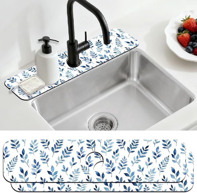 2 Pcs Kitchen Sink Splash Guard Faucet Mat Watercolor Blue Leaves Faucet Mat by CONCHLERY%E6%97%97%E8%88%B0%E5%BA%97