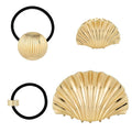 4PCS Gold Hair Set - 2 Metal Hair Ties + 2 Shell Hair Clips, Non-Damage Ponytail Holders & Decorative Hair Clips