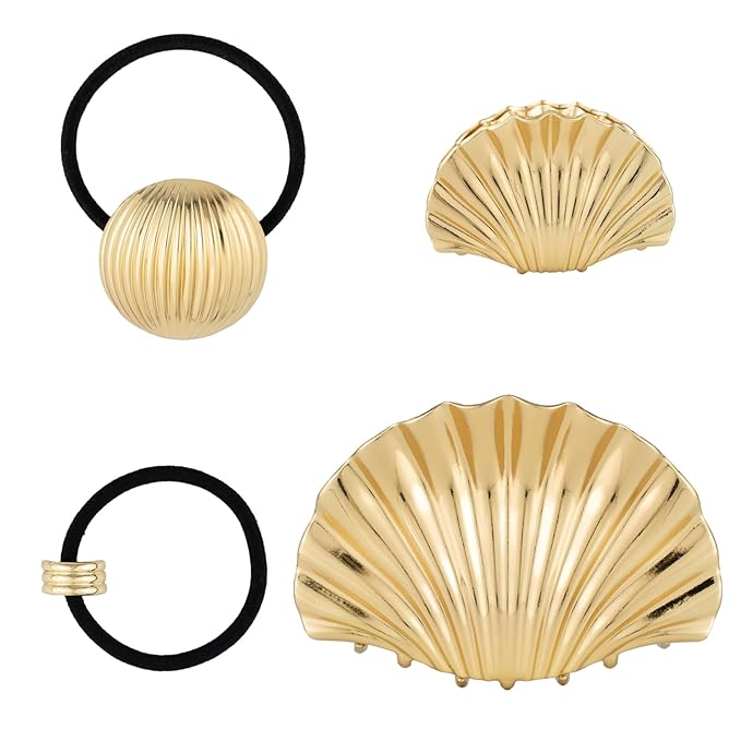4PCS Gold Hair Set - 2 Metal Hair Ties + 2 Shell Hair Clips, Non-Damage Ponytail Holders & Decorative Hair Clips