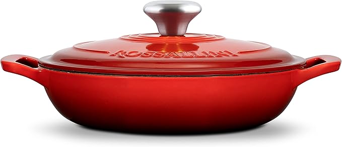 Signature Enameled Cast Iron Braiser, Non-Stick Serving Pot with Tight Fitting Lid for Perfect Roasting, Baking, Sauteing, Searing, and Pan Frying | 2.25Q (2.1L) - Red