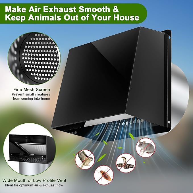 10 Inch Hooded Wall Vent, Dryer Wall Vent Cover Outside with Screen & Damper, Hooded Wall Exhaust Vent Cover, Outdoor Air Vent Cap for Range Hoods/Kitchen/Bathroom/Laundry/Basements/Garages, Black