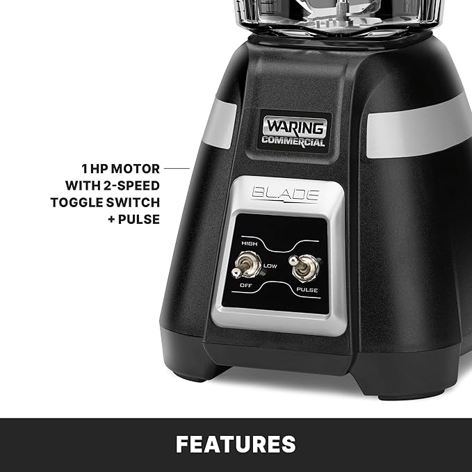 Waring Commercial BB300 Blade 1 HP Blender Toggle Switch Controls with Pulse feature with 48 oz BPA Free Copolyester Stacking Container, 120V, 5-15 Phase Plug ,Black