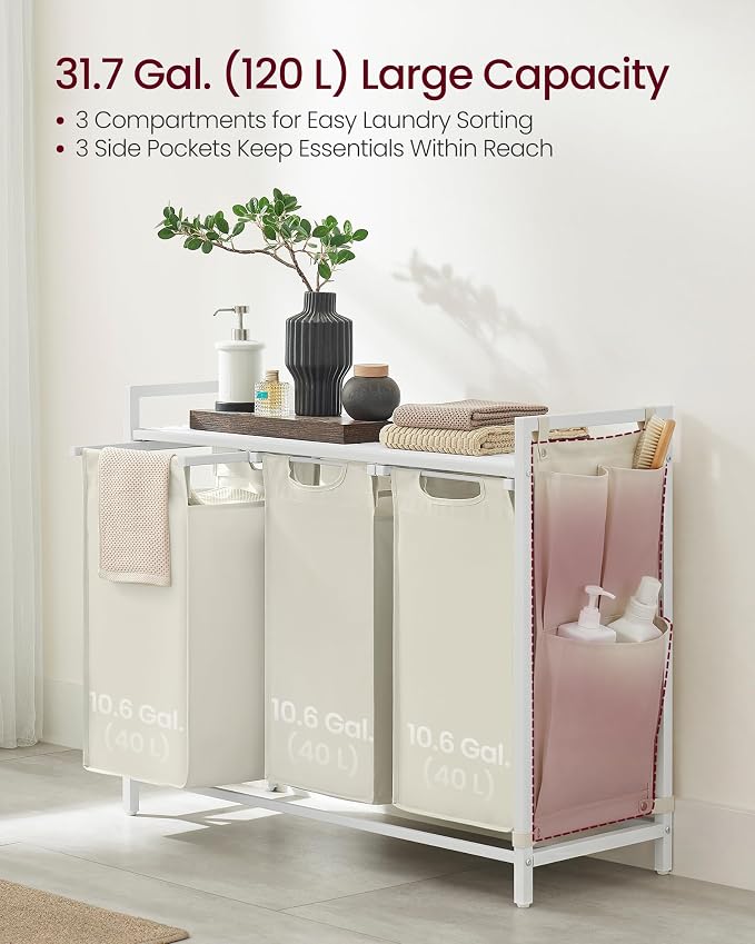 VASAGLE Laundry Hamper with Shelf, 3 Pull-Out Bags, 3 x 10.6 Gallons - Image 3