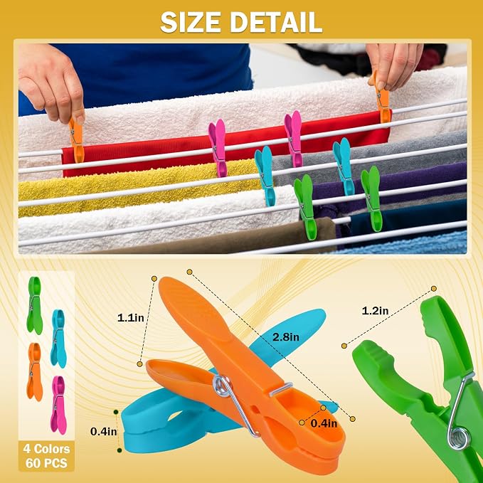 60 Pack Clothes Pins, Colored Plastic Clothespins, Strong Grip Laundry Clips - Image 5
