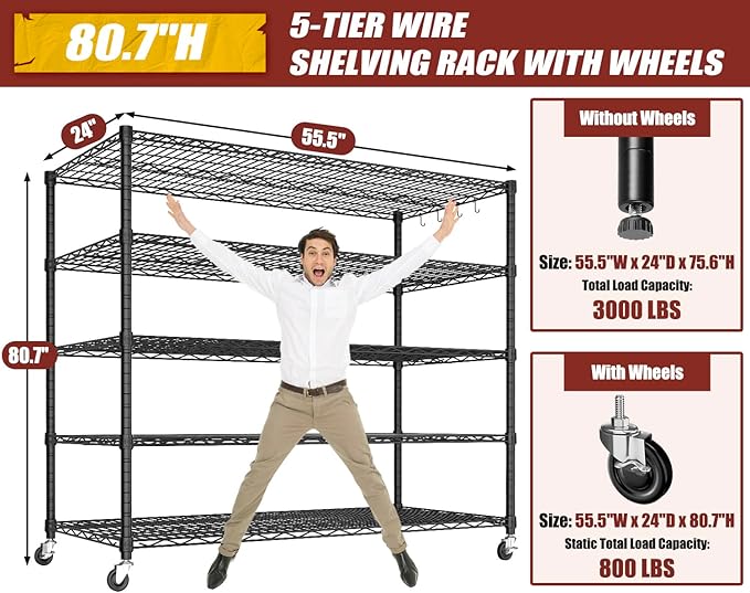 PrimeZone 5 Tier 80.7" Hx55.5 Wx24 D Wire Shelving with Wheels 3000lbs NSF Certified Storage Shelves Heavy Duty Metal Shelf Adjustable Rolling Rack Commercial Garage Restaurant Warehouse Kitchen 4Pcs