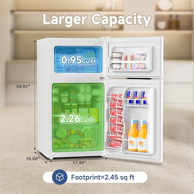 BANGSON Mini Fridge with Freezer, 2 Door Small Refrigerator with Freezer, Small Fridge for Bedroom, 3.2 CU.FT, For Home, Office, Dorm, Garage or RV, White