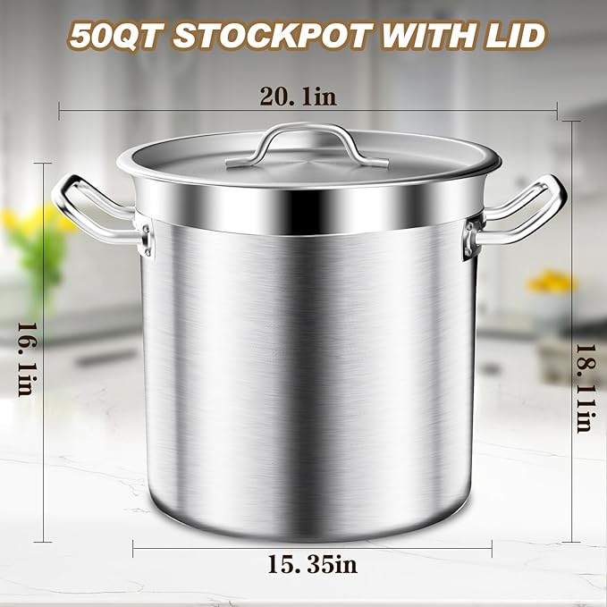 Stock Pot - 50QT Large Soup Pot with Lid - Heavy Duty Induction Tri-Ply Bottom Commercial Grade Stockpot for Boiling Cooking Soup Stew Pasta Cooking Pots, Deep Cookware