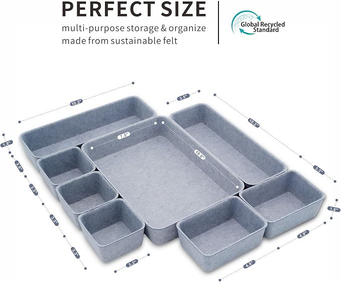 Minimalist 8pc Felt Desk Drawer Organizer Glacier Gray Bins - Image 7