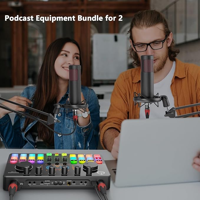Podcast Equipment Bundle for 2, Audio Interface DJ Mixer with 48V XLR Condenser Microphone, RGB,Voice Change, for Streaming, Podcast Recording,Tiktok,PC, Smartphone COMMANDER M100 3rd