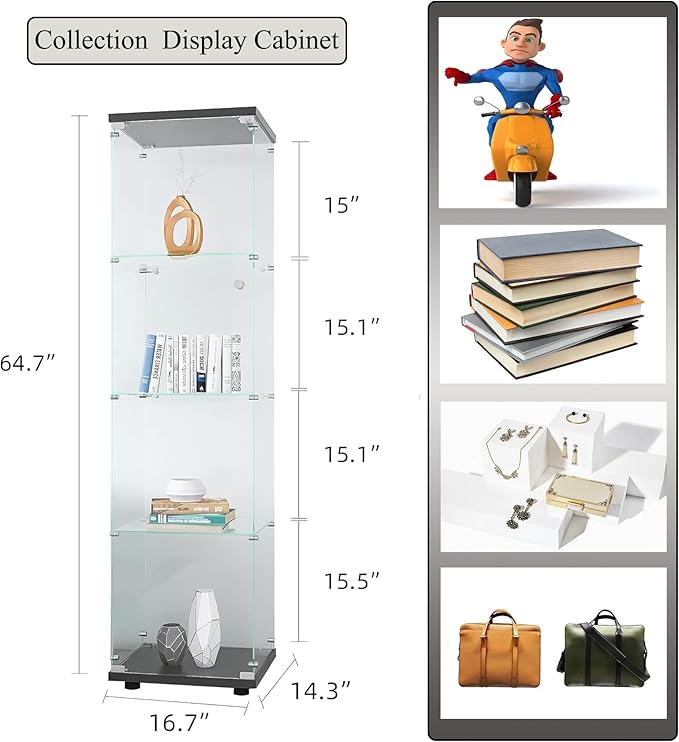 Frameless Glass Display Cabinet, Curio Cabinet Display Case with LED Lights and Lock, Quick-Install Floor Standing Showcase Display Shelf for Collectibles, Legos, Figures, Plants