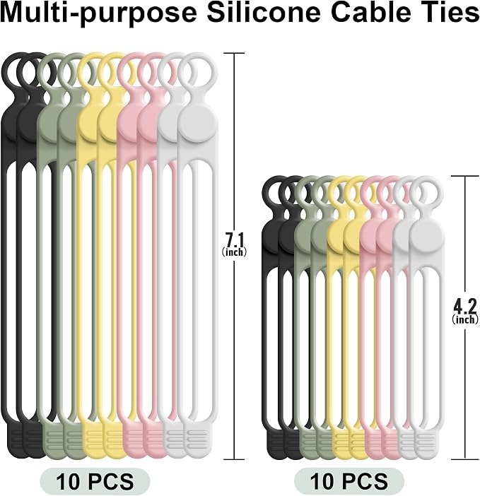 20Pcs Silicone Cable Ties, Cord Organizer Cable Management-2Sizes | Reusable - Image 7