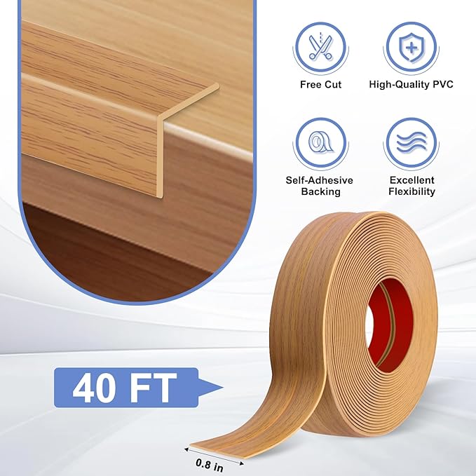 Wall Corner Protector Moulding Trim Peel and Stick Wall Corner Guards Trim Flexible Self Adhesive Edge Protector Moulding, 0.8 in x40 Ft, Light Brown Wood