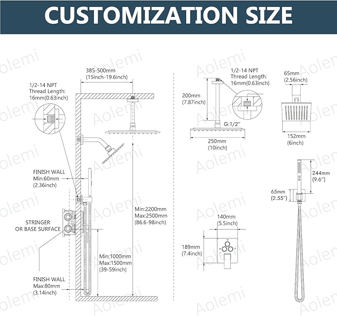 Aolemi Shower Faucet Set Ceiling Mount Shower System Rough-in Valve and Shower Trim Kit 2 in 1 Handheld Spray Push Button Diverter 10 and 6 Inch Dual Shower Head Polish Chrome