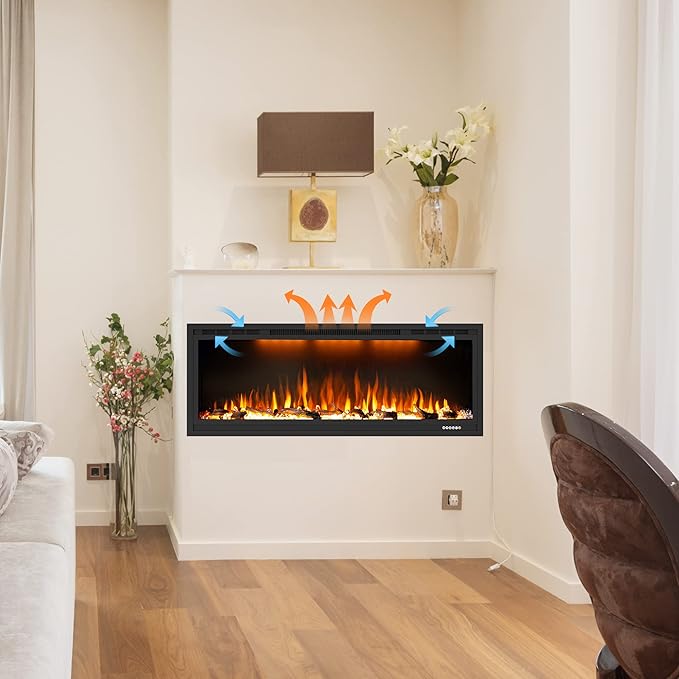 Electric Fireplace 42 inch, Recessed Wall Mounted Fireplace Heater, Linear in-Wall Fireplace, Logs & Crystal Options, 750/1500W, Black (42")