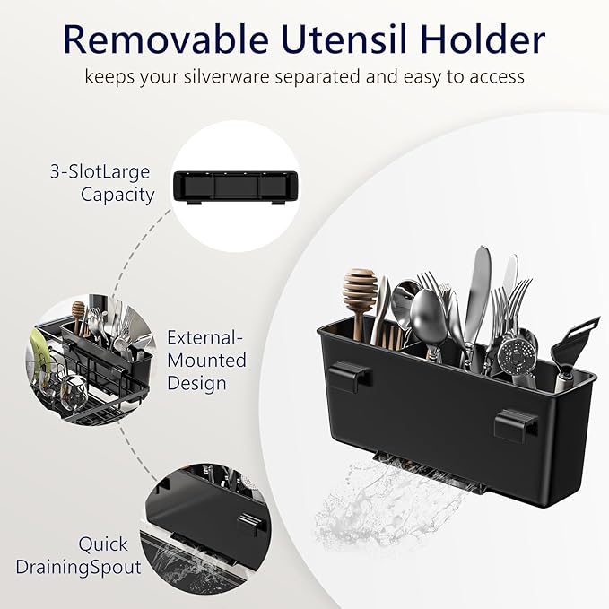 MIKEE Large Dish Drying Rack for Kitchen Counter, Expandable Rustproof Dish Drainer - Over The Sink Dish Drying Rack with 360° Rotating Drain, Kitchen Utensil Holder, Home and Kitchen Organization