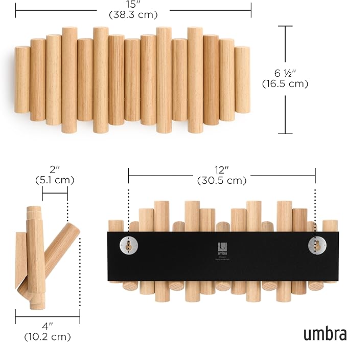 Umbra Picket Coat Rack, Wall Mount 5 Flip-Down Coat Hooks, Natural | Beveled - Image 3
