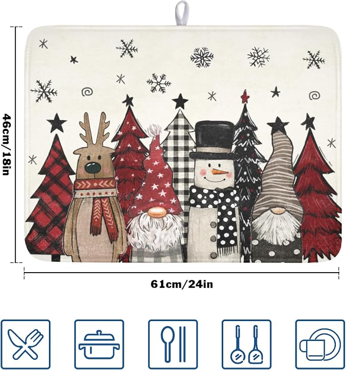 Giwawa Winter Snowman Gnome Dish Drying Mat Xmas Tree Dishes Pad 18"x24" - Image 2
