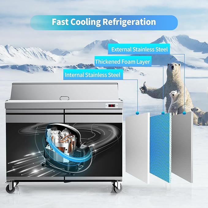48’’ W Commercial Refrigerator Sandwich Salad Prep Table Refrigerators 2 Door with 12 Pans, Prep Station Fridge for Restaurant, Bars, Shops