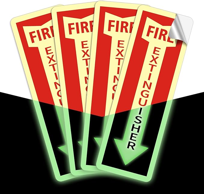 Fire Extinguisher Stickers, 4 Pack 4" X 12" Vinyl Fire Extinguisher Sign Self Adhesive Reflective,Easy to Apply and Stick,Weatherproof, UV Protected,Indoor Outdoor use,Glow in the Dark