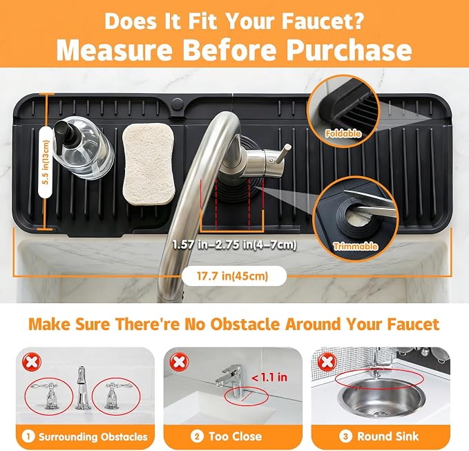 Silicone Faucet Mat for Kitchen Sink, fits kitchen & bathroom sinks; food-grade - Image 2