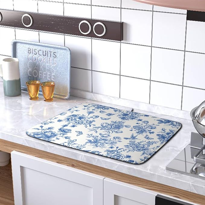 Dish Drying Mat for Kitchen Counter Blue and White Floral Drying Mats - Image 5