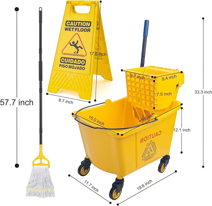 Kefanta 35 Qt Side Press Wringer Commercial Mop Bucket on Wheels Set - Image 3