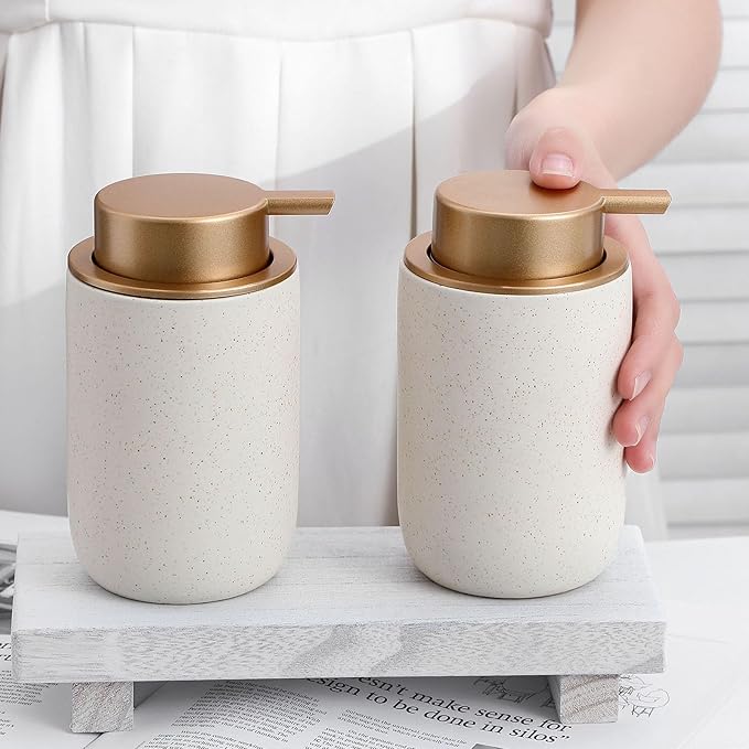 Ceramic Pump Bottle Refillable Lotion Soap Dispenser 12oz Beige | Matte - Image 3