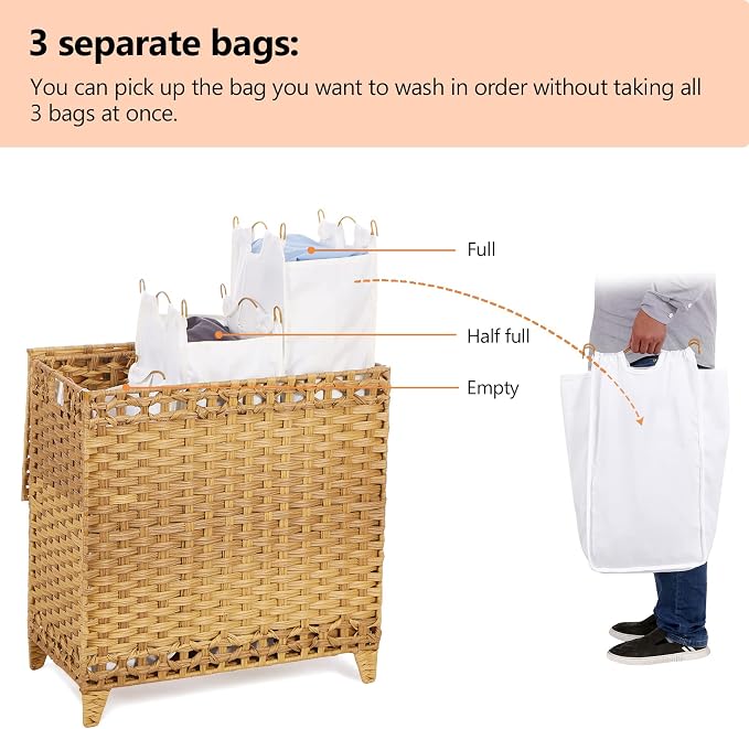 Laundry Hamper with 3 Removable Liner Bags, 132L Laundry Sorter with Lid - Image 3