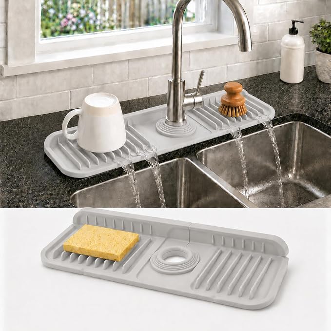 14.5" Silicone Faucet Handle Drip Catcher Tray, 7° Sloped Self Draining Mat by Unknown