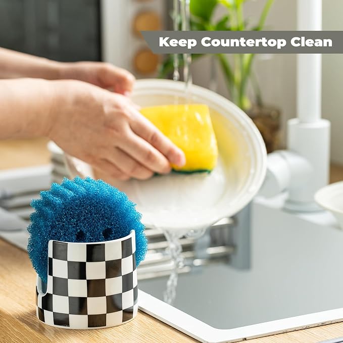 Zoeeker Sponge Holder for Kitchen Sink, Ceramic Checkered Dish Sponge Rack - Image 6