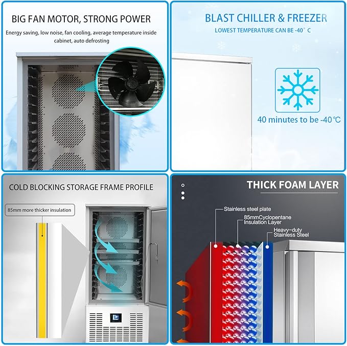 Kolice Commercial 15 Trays Blast Chiller,Chest Freezer,Blast Freezer,220V,1800W,-40°F to +37.4°F for Restaurants,Schools,Bars,Hotels,Canteens to Preserve Hard Ice Cream,Chicken,Sea Food,Dessert,etc