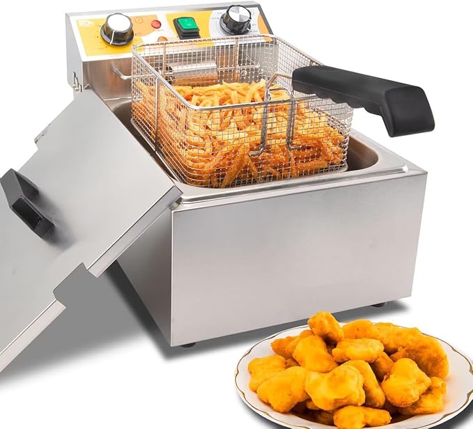 13.6QT Electric Deep Fryer with 6L(6.5QT)Frying Basket&Lid,1750W Stainless Steel Commercial Countertop Single Tank Oil Fryers with Temperature Control&Timer for Home Kitchen Restaurant