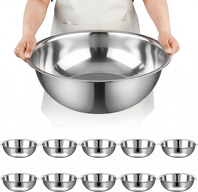 10 Pcs Stainless Steel Mixing Bowls Metal Mixing Bowls Extra Large Basin Salad Bowl with Deeper Edge, Dishwasher Safe, Mirror Finish for Home and Commercial, Silver (16 Inch 13 Qt)