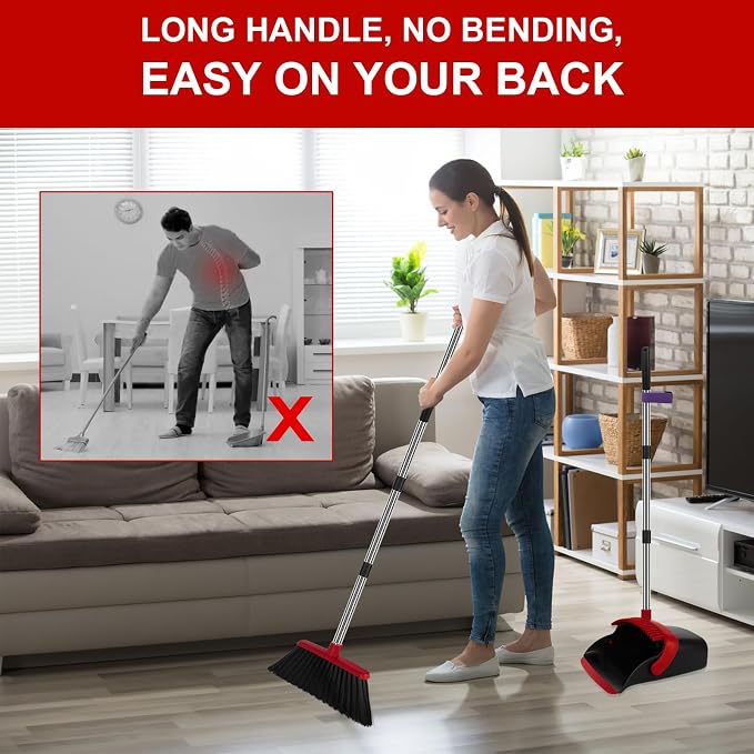 Red Broom and Dustpan Combo Set, Extended Reach Design, Built-in Comb Dustpan - Image 5
