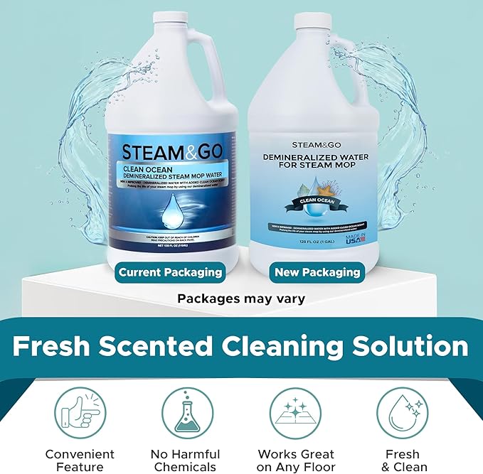 Steam & Go Demineralized Water Cleaning Solution for Floor & Multi-Surface Steam Cleaners - Compatible for All Steam Mops - Clean Ocean Scent, 128 oz