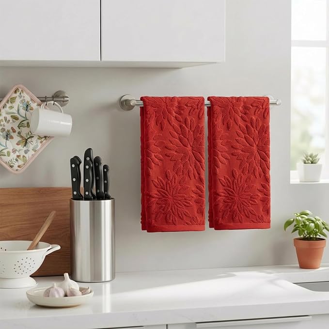 Artoid Mode 2 Pcs Red 3D Dahlia Floral Jacquard Hand Towels - Image 3