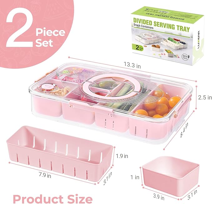 LUXEAR 2Pack 8-Compartment Divided Serving Tray with Lid and Handle - Airtight Leakproof Snackle Box Charcuterie Container for Fridge, Picnic, Party, Travel - BPA-Free Dishwasher Safe(Pink)