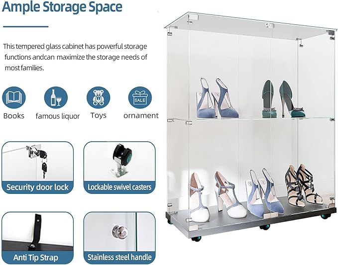 Yoluckea 2 Tiers Glass Display Cabinet with Bluetooth LED Light Strip, 2 Doors Floor Standing Curio Cabinet with Universal Wheel for Home, Black Glass Bookshelf for Collections, Clear Top