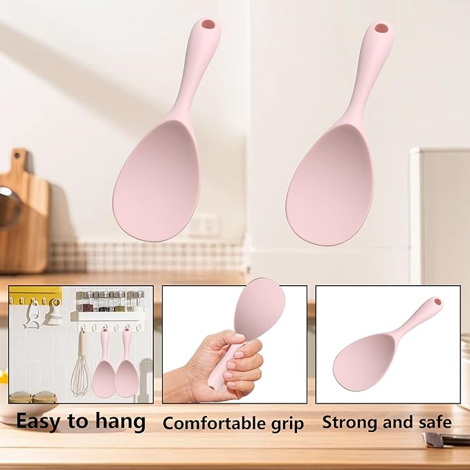 2PCS 8.8 Inch Silicone Rice Paddle Spoon, Pink Non Stick Rice Spatula, Heat Resistant Rice Cooker Spoon for Rice, Salads, Mashed Potato