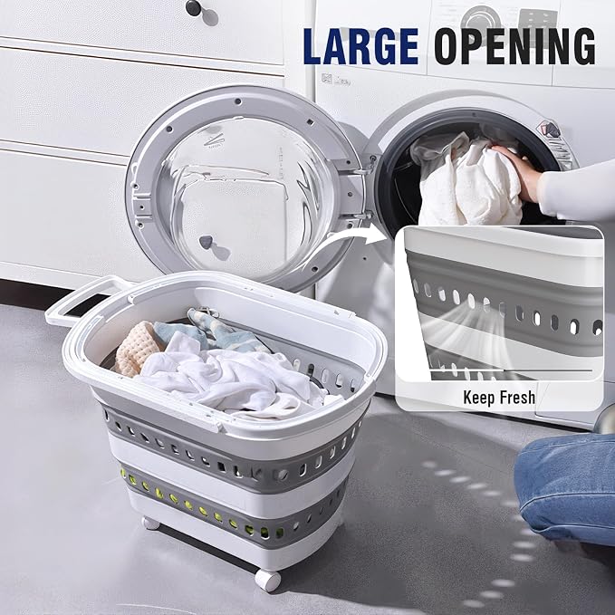 Collapsible Plastic Rolling Laundry Basket Hamper - Image 2