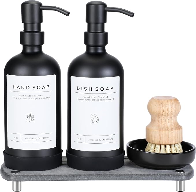 Kitchen Soap Dispenser Set - 16OZ Black Glass Bottle by ORCHID+HOME