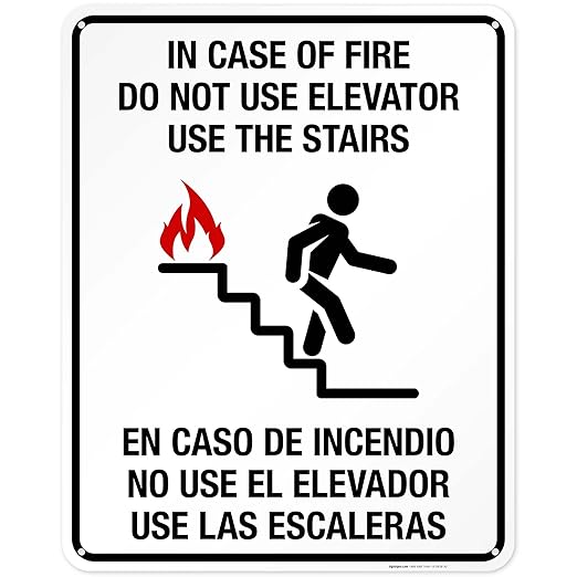 in Case of Fire Do Not Use Elevator Use The Stairs Bilingual Sign, Fire Safety Sign, 24x30 Inches, 55 mil Thick HDPE (high Density polyethylene), Made in USA