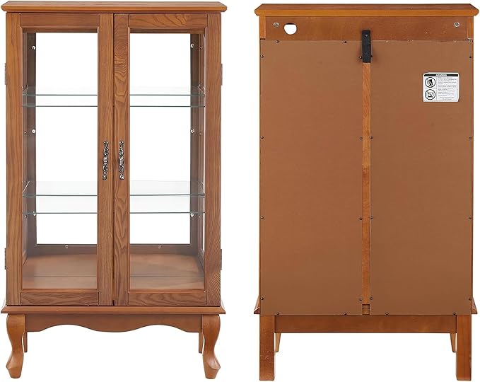 43" H Lighted Curio Cabinet Display Case with Light Bulb, Glass Curio Cabinet with Adjustable Shelves & Tempered Glass Door, Wooden Cabinets w/Mirrored Back Pane for Living Room(Oak)