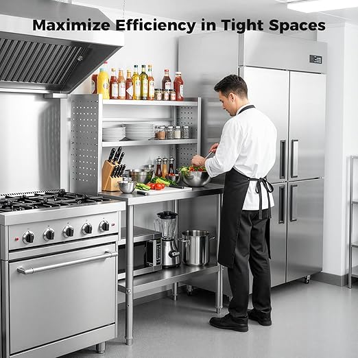 36x24 in NSF All Stainless Steel Table with Adjustable Shelf & Pegboard Panels & Casters, Kitchen Prep Table Commercial Heavy-Duty Worktable with Large Space Storage for Restaurant Garages