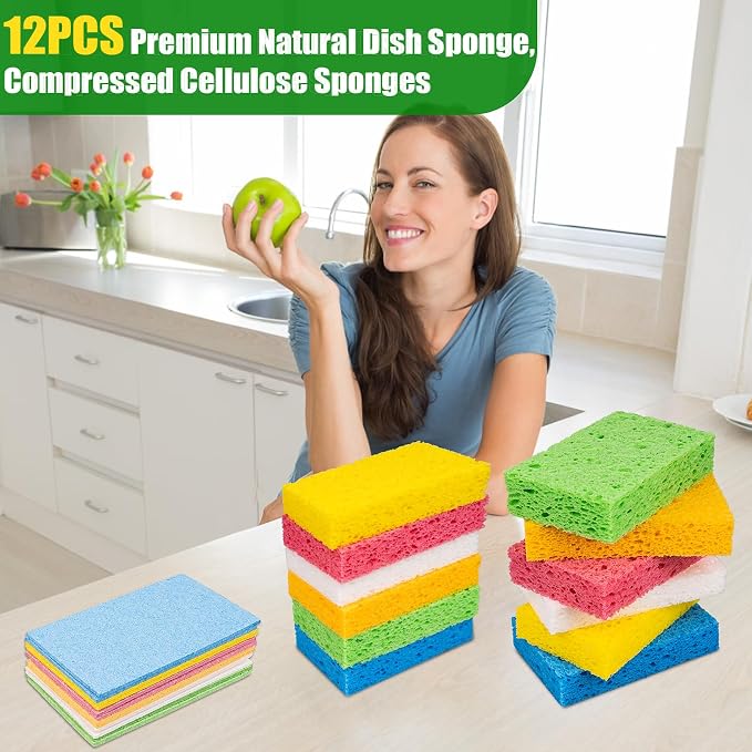 12 PCS Kitchen Sponges, Natural Compressed Cellulose Sponges, Non-Scratch - Image 2