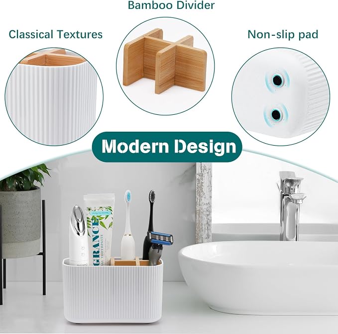 GFWARE White Toothbrush Holder, 5 Slots Bathroom Storage Organizer | Bamboo - Image 3