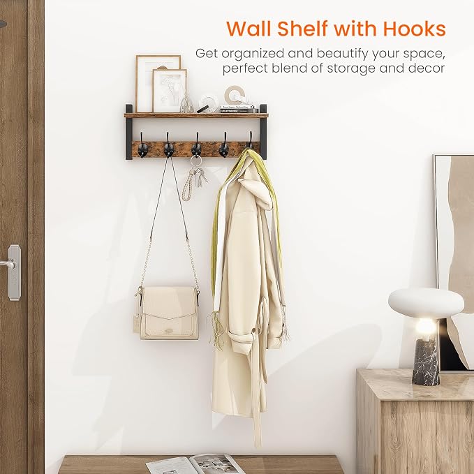 Wall Hooks with Shelf, Wood Coat Rack with Shelf Wall-Mounted, Entryway Hanging - Image 2
