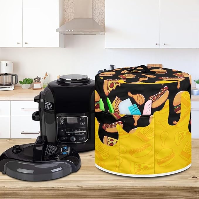 6 Quart Pressure Cooker Small Appliance Covers, Washable Dust Cover for Air Fryer Rice Cooker Kitchen Appliance Accessories with Storage Pockets, Pizza and Burger Print